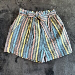 Forever‎ 21 Kids Shorts XS Striped Woven Paperbag Waist Tie Black Blue Multi